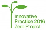 A logo of a green branch with three green leaves with the words Innovative Practice 2016 Zero Project